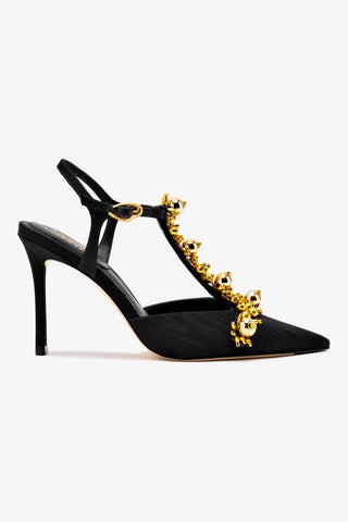 Larroudé x Libertine Pump In Black Fabric and Golden Balls