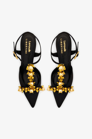 Larroudé x Libertine Pump In Black Fabric and Golden Balls