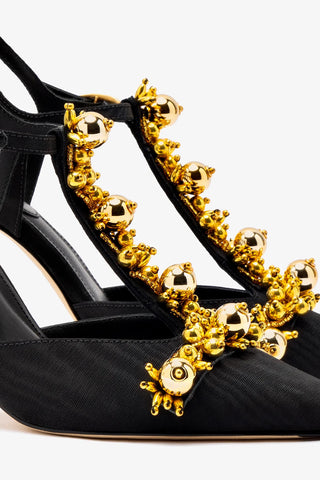 Larroudé x Libertine Pump In Black Fabric and Golden Balls