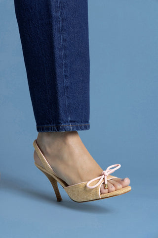 Lady Sandal In Beige Raffia And Tulip Leather Womens - Shoes - Sandals Larroudé