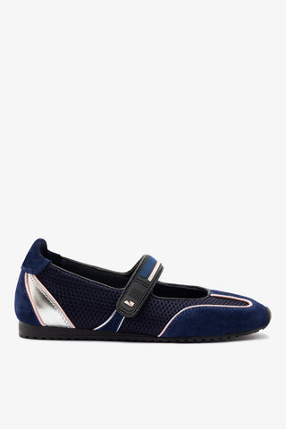Devon Ballet Flat In Navy Suede, Black Mesh and Silver Metallic Leather