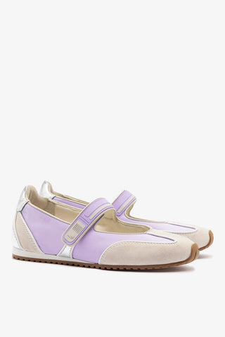 Devon Ballet Flat In Mushroom Grey Suede, Lilac Nylon and Silver Metallic Leather