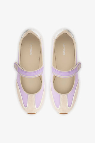 Devon Ballet Flat In Mushroom Grey Suede, Lilac Nylon and Silver Metallic Leather