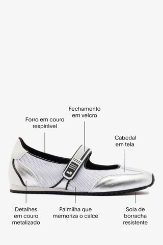 Devon Sneakerina White Mesh and Silver Leather Ballet Larroudé