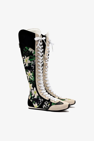 Larroude x Jonathan Cohen Flat Hi Sneaker Boot In Black Gardenias Satin And Black Suede