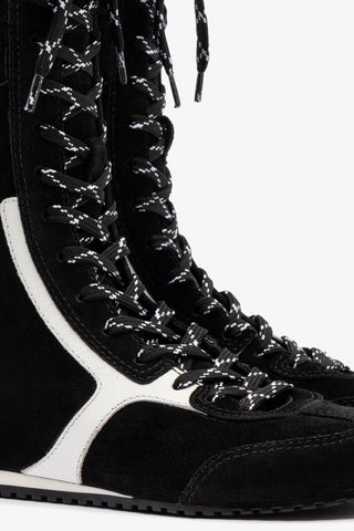 Larroudé x Jonathan Cohen Flat Lo Sneaker Boot In Black Suede and White Leather