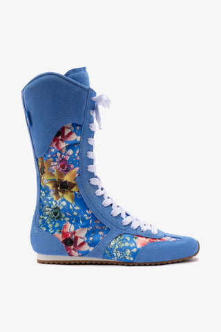 Larroudé x Jonathan Cohen Flat Lo Sneaker Boot In Dodger Blue and Gardenias Colored Satin
