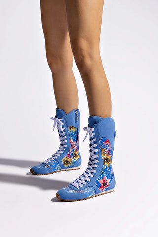 Larroude x Jonathan Cohen Flat Lo Sneaker Boot In Dodger Blue and Gardenias Colored Satin