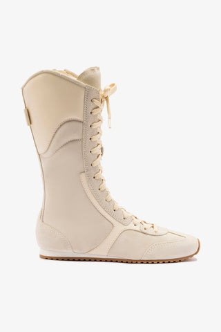 Larroudé x Jonathan Cohen Flat Lo Sneaker Boot In Mushroom Grey Suede and Ivory Leather