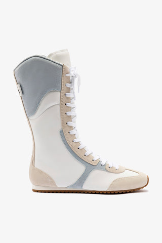 Larroudé x Jonathan Cohen Flat Lo Sneaker Boot In White Leather, Maya and Mushroom Grey Suede
