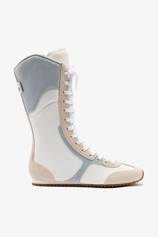 Larroude x Jonathan Cohen Flat Lo Sneaker Boot In White Leather, Maya and Mushroom Grey Suede