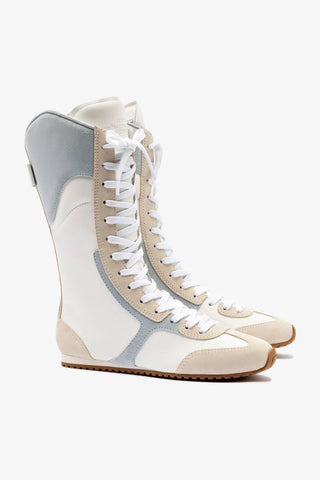 Larroude x Jonathan Cohen Flat Lo Sneaker Boot In White Leather, Maya and Mushroom Grey Suede