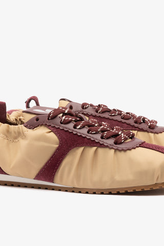Stella Lite Sneaker Peanut Nylon and Burgundy Suede Sneaker Larroudé