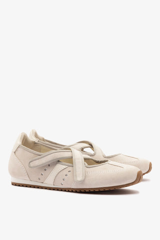 Stella Ballerina Flat In Mushroom Grey Suede and Ivory Leather