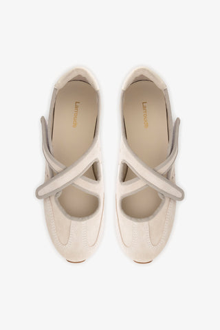 Stella Ballerina Flat In Mushroom Grey Suede and Ivory Leather