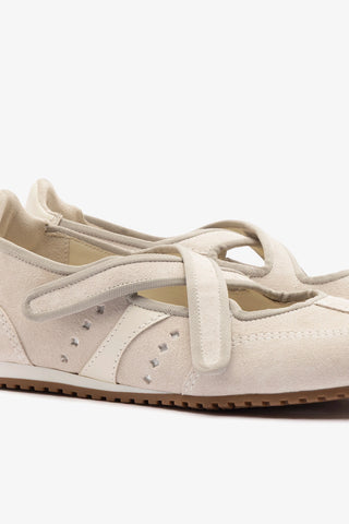 Stella Ballerina Flat In Mushroom Grey Suede and Ivory Leather