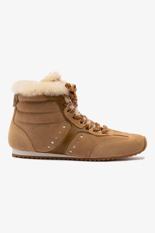 Stella Mid Sneaker In Peanut Suede And Natural Shearling