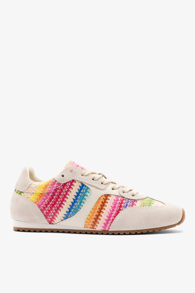 Neutral sneaker with multicolor raffia and suede details and lace-up  design. – Larroude