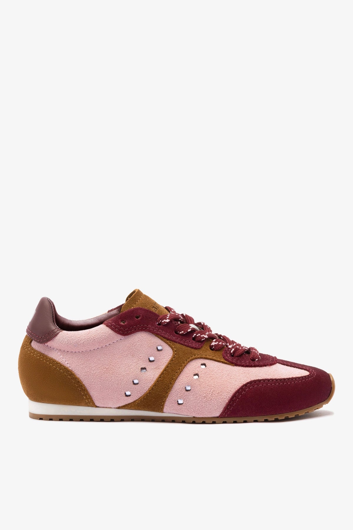 Stella Sneaker In Tulip, Russet and Wine Suede and Silver Metallic
