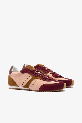 Stella Sneaker In Tulip, Russet and Wine Suede and Silver Metallic Leather