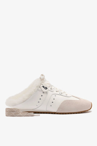 Stella Mule In Mushroom Grey Suede and White Shearling