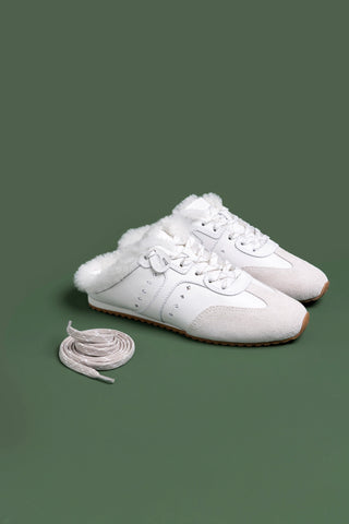 Stella Mule In Mushroom Grey Suede and White Shearling