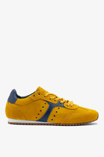 Stella Sneaker In Yellow Suede and Navy Leather – Larroude