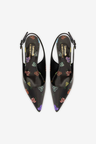 Larroudé x Libertine Loulou In Black Leather and Printed Pansies