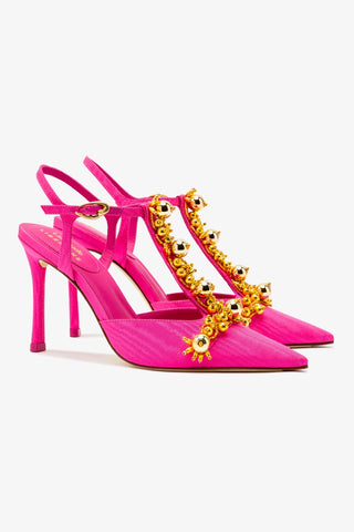 Larroudé x Libertine Pump In Magenta Fabric and Golden Balls