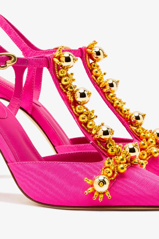 Larroudé x Libertine Pump In Magenta Fabric and Golden Balls