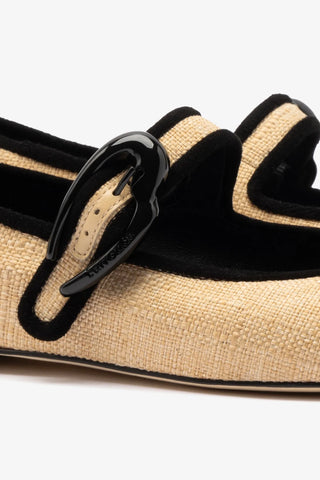 Verona Ballet Flat In Beige Raffia and Black Trimming