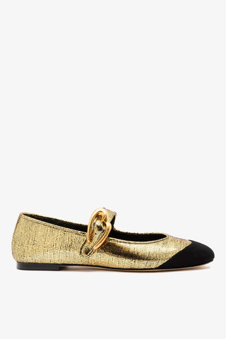 Verona Cap Ballet Flat Gold Leather and Black Suede Flat Larroudé