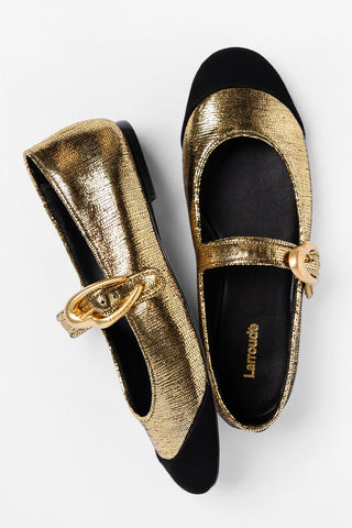 Verona Cap Ballet Flat Gold Leather and Black Suede Flat Larroudé