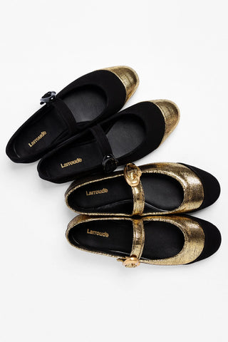 Verona Cap Ballet Flat Gold Leather and Black Suede Flat Larroudé