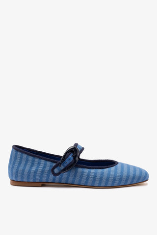 Verona Ballet Flat In Egyptian Blue Striped Fabric and Navy Trimming Ballet Larroudé