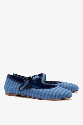 Verona Ballet Flat In Egyptian Blue Striped Fabric and Navy Trimming Ballet Larroudé