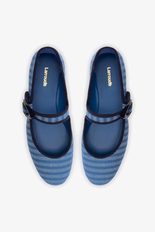 Verona Ballet Flat In Egyptian Blue Striped Fabric and Navy Trimming Ballet Larroudé