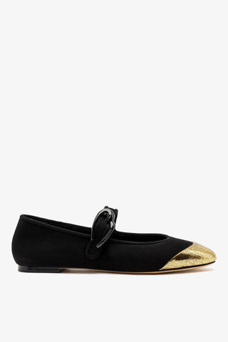 Verona Cap Ballet Flat Black Suede and Gold Leather