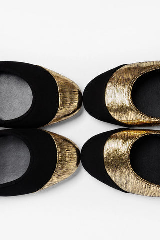 Verona Cap Ballet Flat Black Suede and Gold Leather
