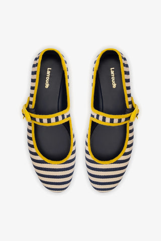 Verona Ballet Flat In Navy and Natural Striped Fabric and Lemonade Trimming Ballet Larroudé