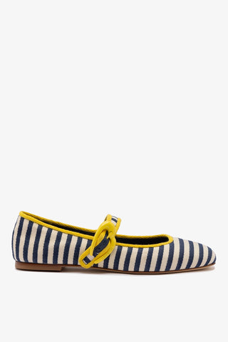 Verona Ballet Flat In Navy and Natural Striped Fabric and Lemonade Trimming Ballet Larroudé