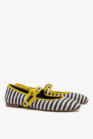 Verona Ballet Flat In Navy and Natural Striped Fabric and Lemonade Trimming Ballet Larroudé