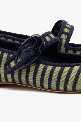 Verona Ballet Flat In Navy and Green Striped Fabric and Navy Trimming