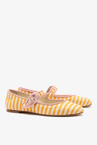 Verona Ballet Flat In Marigold and Natural Striped Fabric and Tulip Trimming Ballet Larroudé