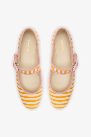 Verona Ballet Flat In Marigold and Natural Striped Fabric and Tulip Trimming Ballet Larroudé
