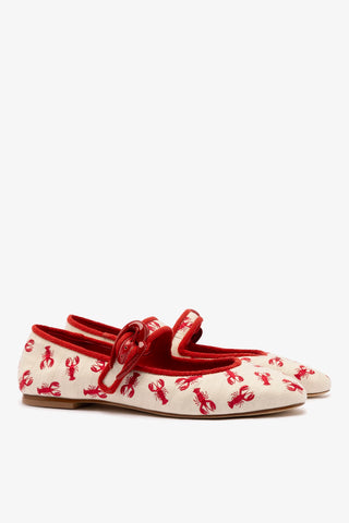 Verona Ballet Flat In White Striped Fabric and Lobster Embroidery Ballet Larroudé