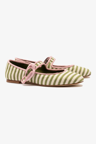 Verona Ballet Flat In Seaweed and Natural Striped Fabric and Tulip Trimming