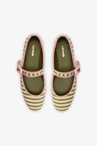 Verona Ballet Flat In Seaweed and Natural Striped Fabric and Tulip Trimming