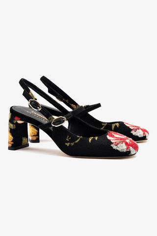 Larroudé x Markarian Pump In Black Wool and Floral Embroidery