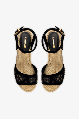 Letizia Espadrille Wedge In Black Suede and Hibiscus Broderie